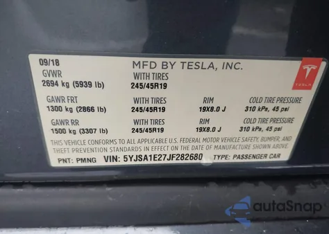 2018 Tesla Model S 100D/75D/P100D from USA, damaged, VIN 5YJSA1E27JF282680